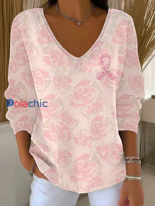 Haut Décontracté Femme Rose Cancer Du Sein Imprimé comme image / S