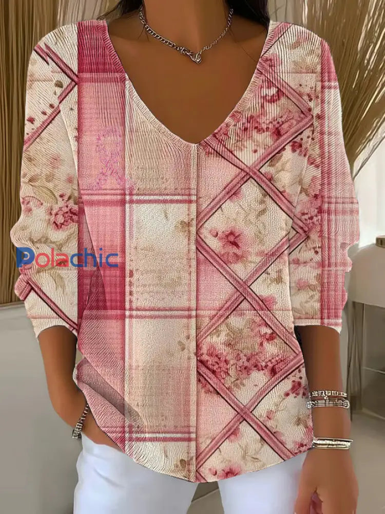 Haut Décontracté Femme Rose Cancer Du Sein Imprimé comme image / S