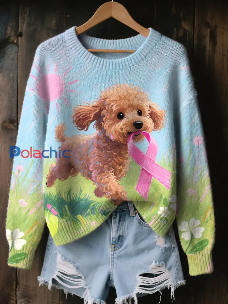 Haut Décontracté Femme Rose Ruban et Chien Imprimé comme image / S