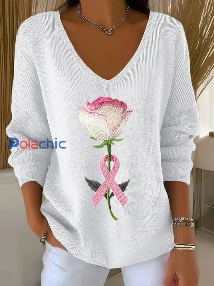 Haut Décontracté Femme Rose Ruban Imprimé Sensibilisation Au Cancer Du Sein Blanc / S