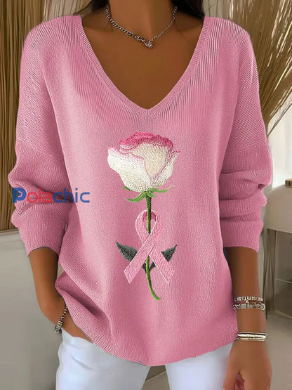 Haut Décontracté Femme Rose Ruban Imprimé Sensibilisation Au Cancer Du Sein Rose / S