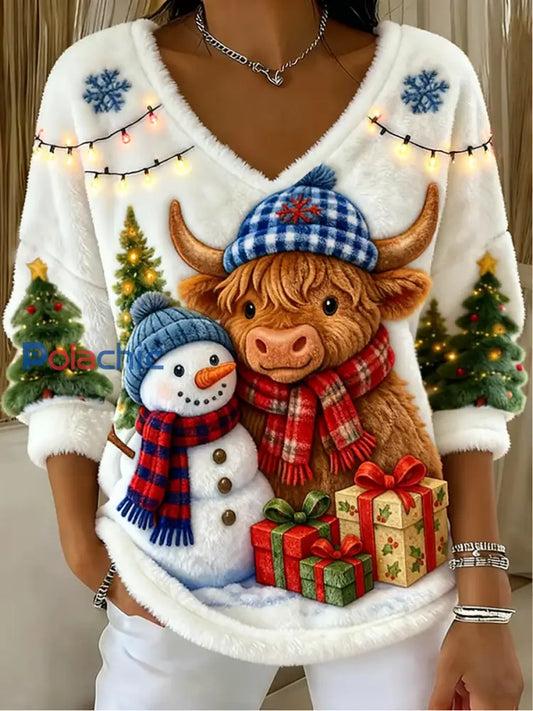 Haut décontracté Highland Cow Print Femme Blanc / S