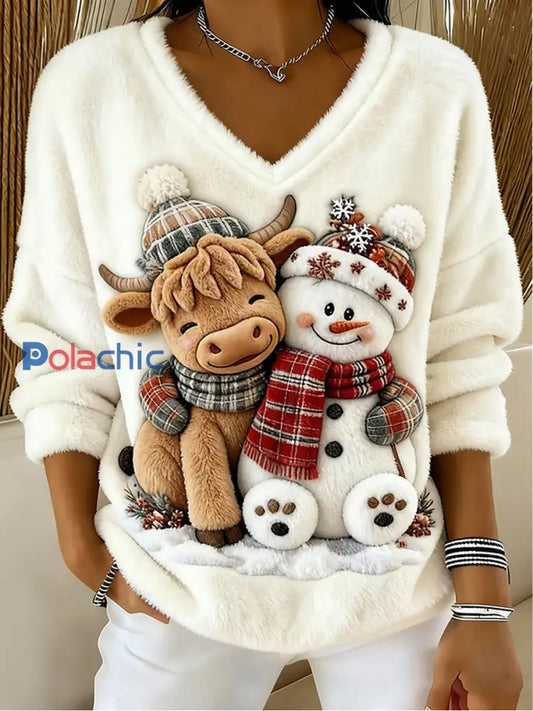 Haut décontracté Highland Cow Print Femme Blanc / S