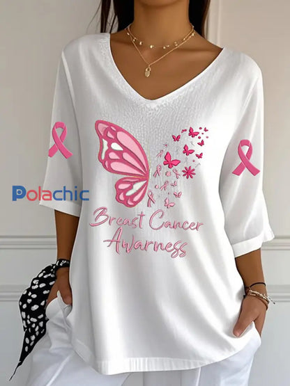 Haut en coton imprimé de ruban de cancer du sein pour femmes