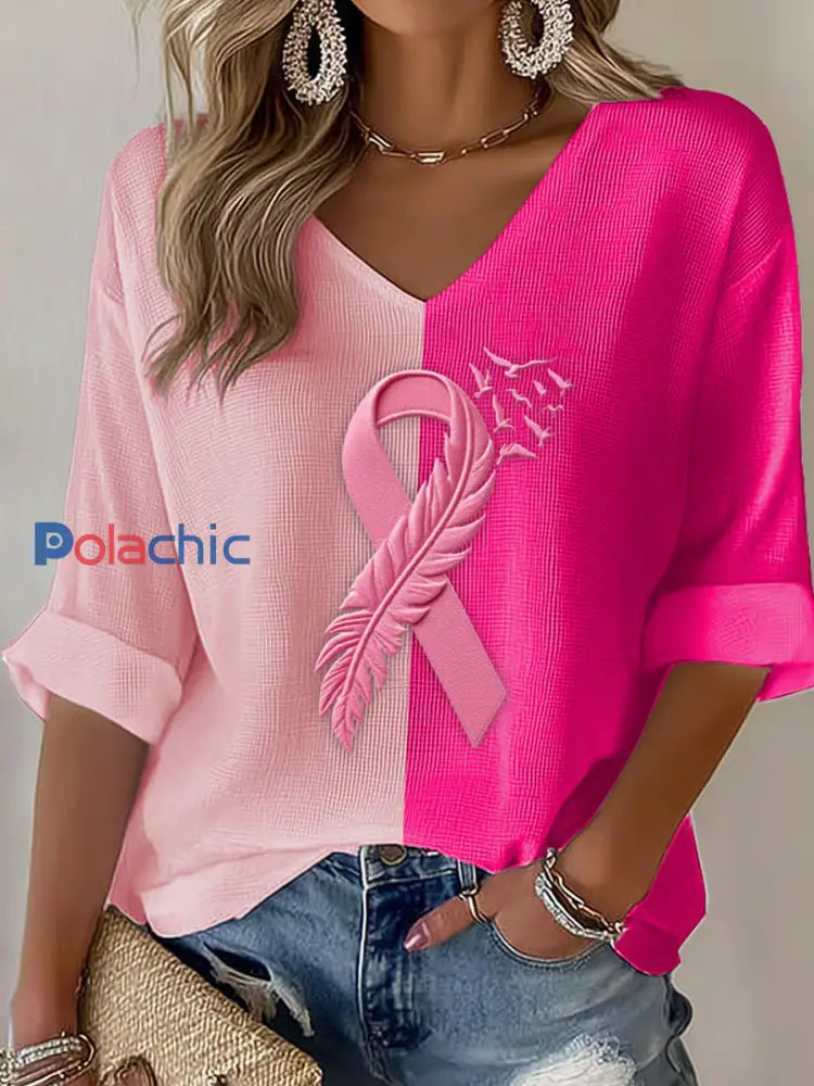 Haut en coton imprimé de ruban de cancer du sein pour femmes A / S