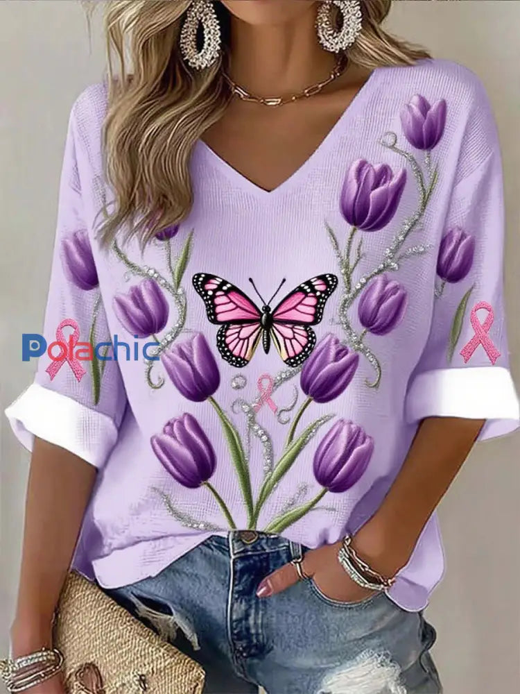 Haut en coton imprimé de ruban de cancer du sein pour femmes A / S