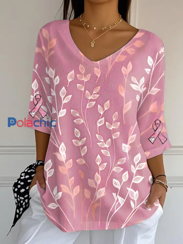 Haut en coton imprimé de ruban de cancer du sein pour femmes A / S