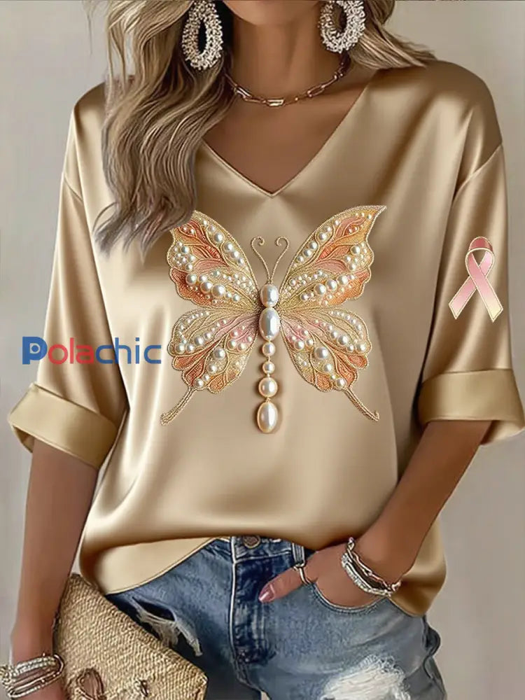 Haut en coton imprimé de ruban de cancer du sein pour femmes A / S