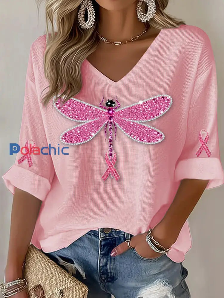 Haut en coton imprimé de ruban de cancer du sein pour femmes A / S