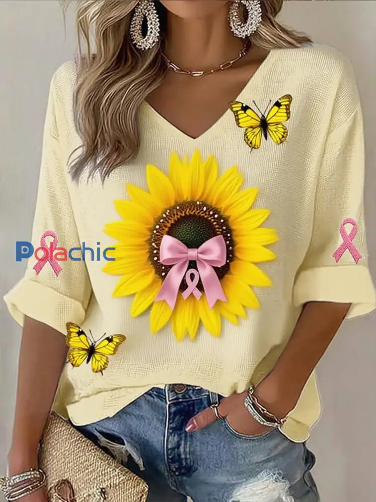 Haut en coton imprimé de ruban de cancer du sein pour femmes A / S