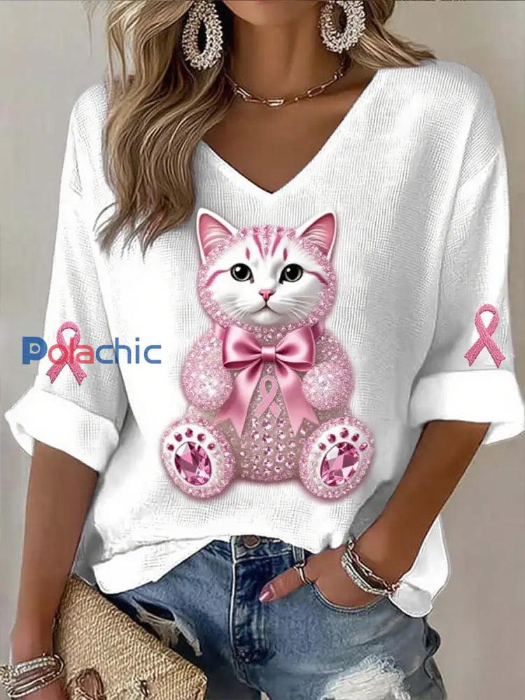 Haut en coton imprimé de ruban de cancer du sein pour femmes A / S