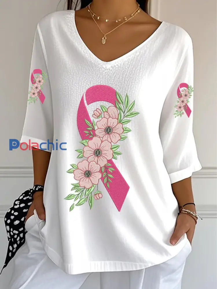 Haut en coton imprimé de ruban de cancer du sein pour femmes A / S