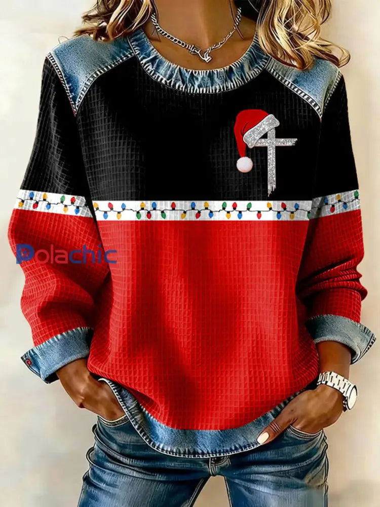 Haut en patchwork de denim croisé de Noël pour femmes Rouge / S