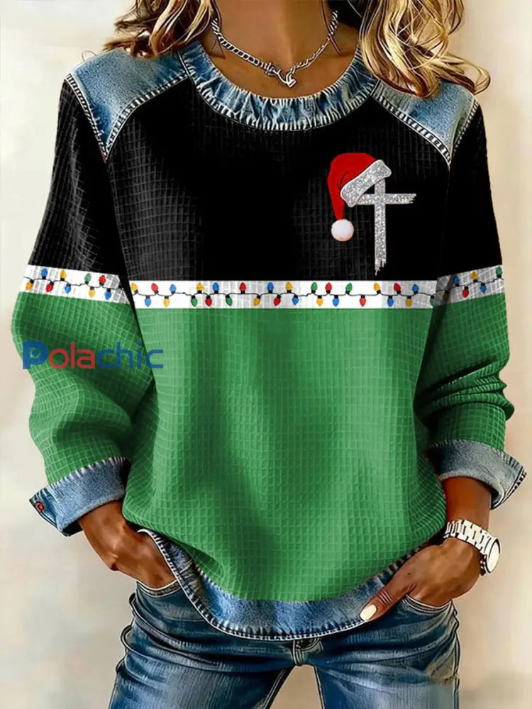Haut en patchwork de denim croisé de Noël pour femmes Vert / S