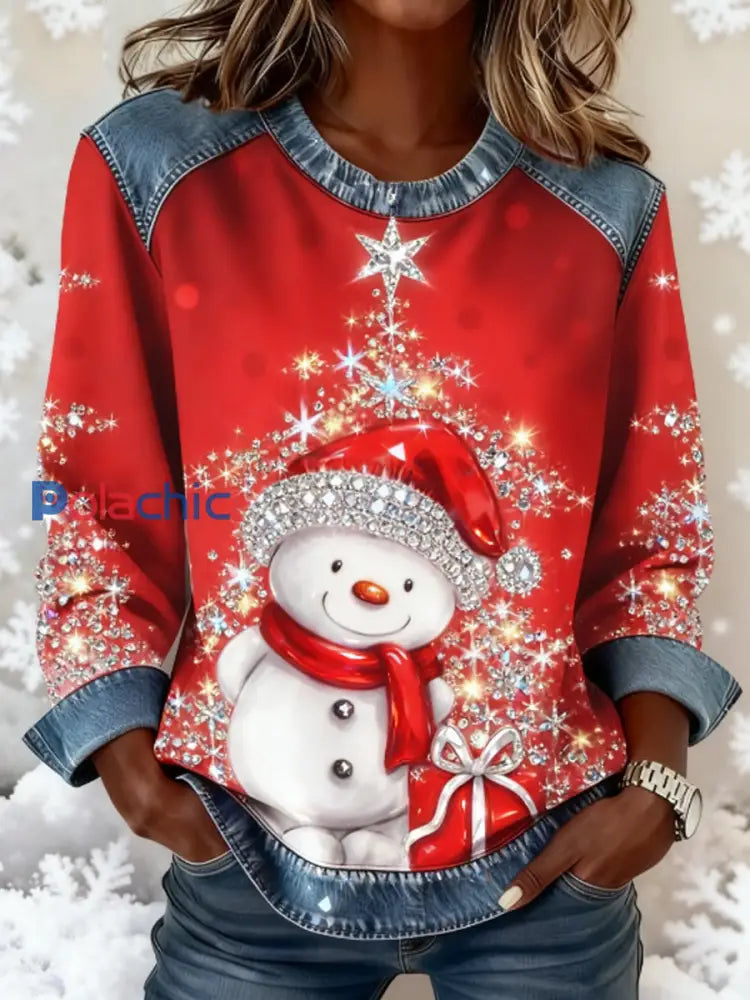 Haut en patchwork de denim de Noël pour femmes Rouge / S