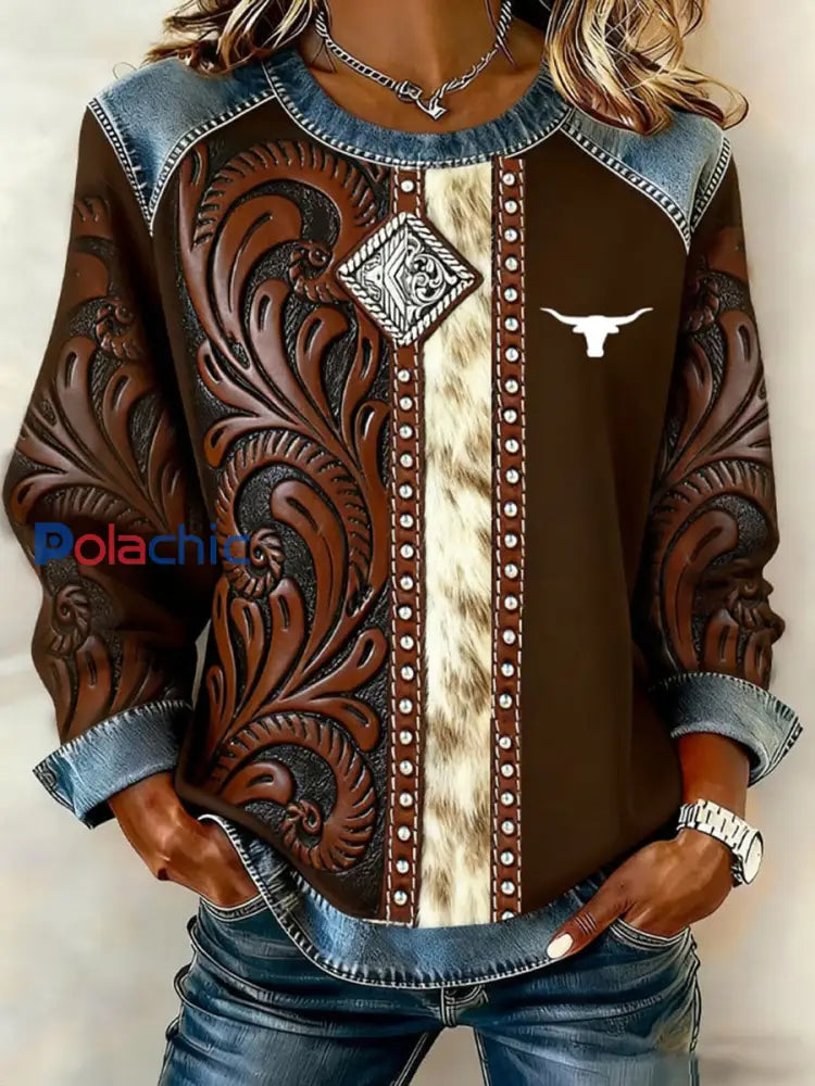 Haut en patchwork rétro en denim western pour femme Brun Foncé / S
