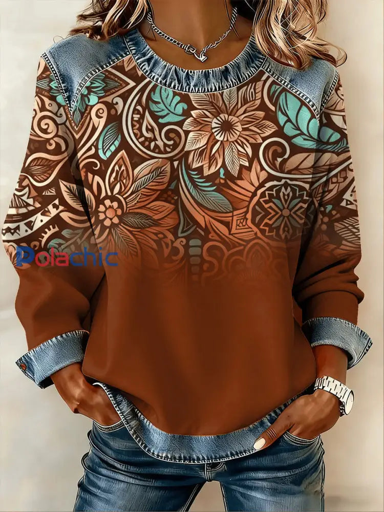 Haut en patchwork rétro en denim western pour femme Brun Foncé / S