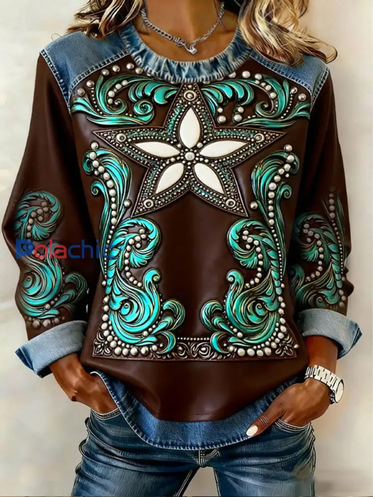 Haut en patchwork rétro en denim western pour femme Brun Foncé / S
