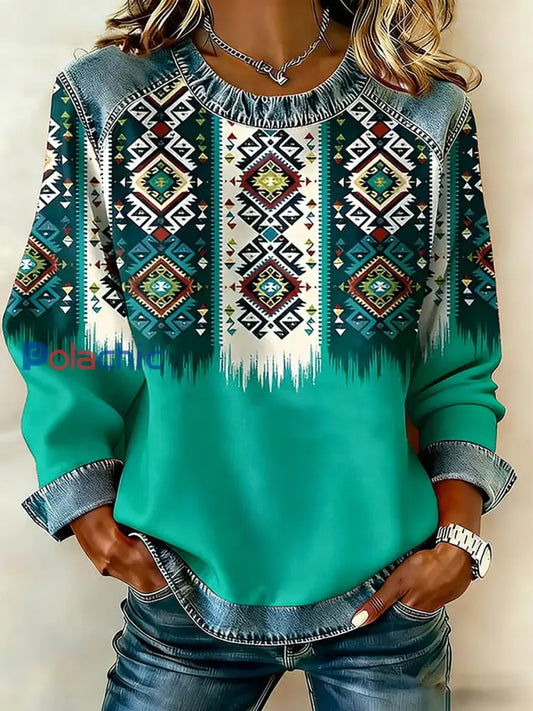 Haut en patchwork Vintage Western Aztec Denim Femme image 1 / S