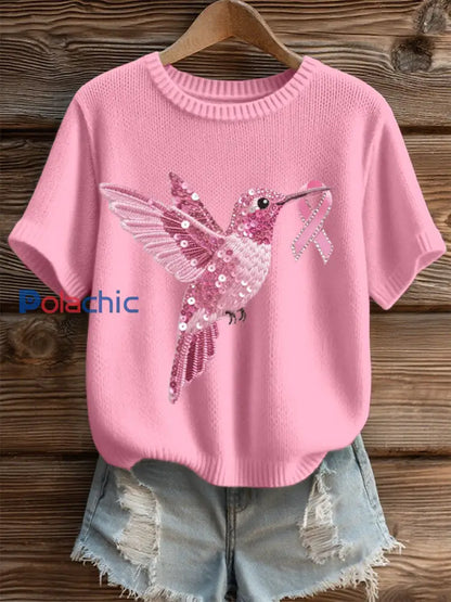 Haut en tricot confortable à motif de colibri à sequins rose pour femmes Rose / S