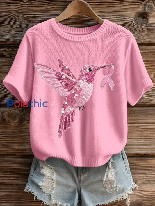 Haut en tricot confortable à motif de colibri à sequins rose pour femmes Rose / S