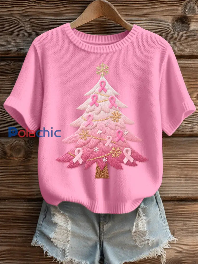 Haut en tricot confortable brodé d’arbre de Noël rose pour femmes Rose / S
