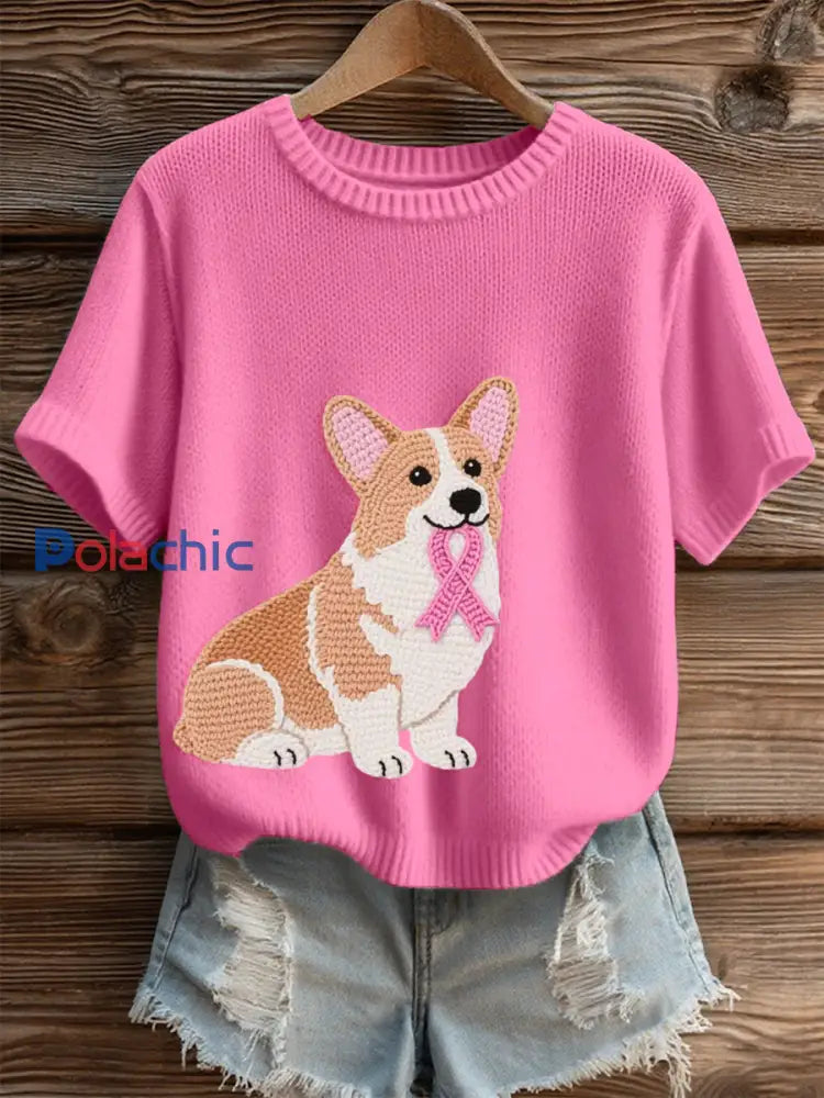 Haut en tricot confortable brodé Lovely Corgi pour femmes Rose / S