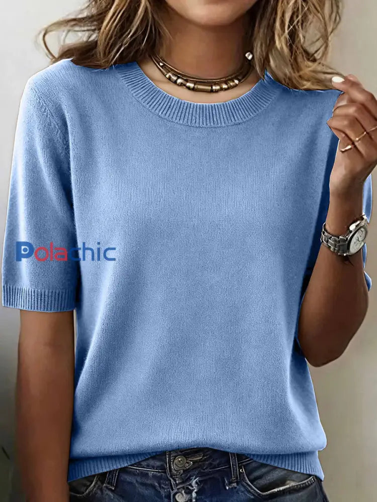 Haut en tricot confortable de couleur unie simple pour femmes Bleu Clair / S