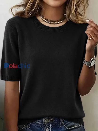 Haut en tricot confortable de couleur unie simple pour femmes Noir / S