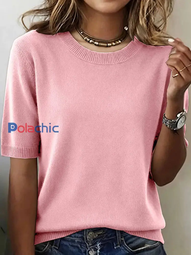 Haut en tricot confortable de couleur unie simple pour femmes Rose / S