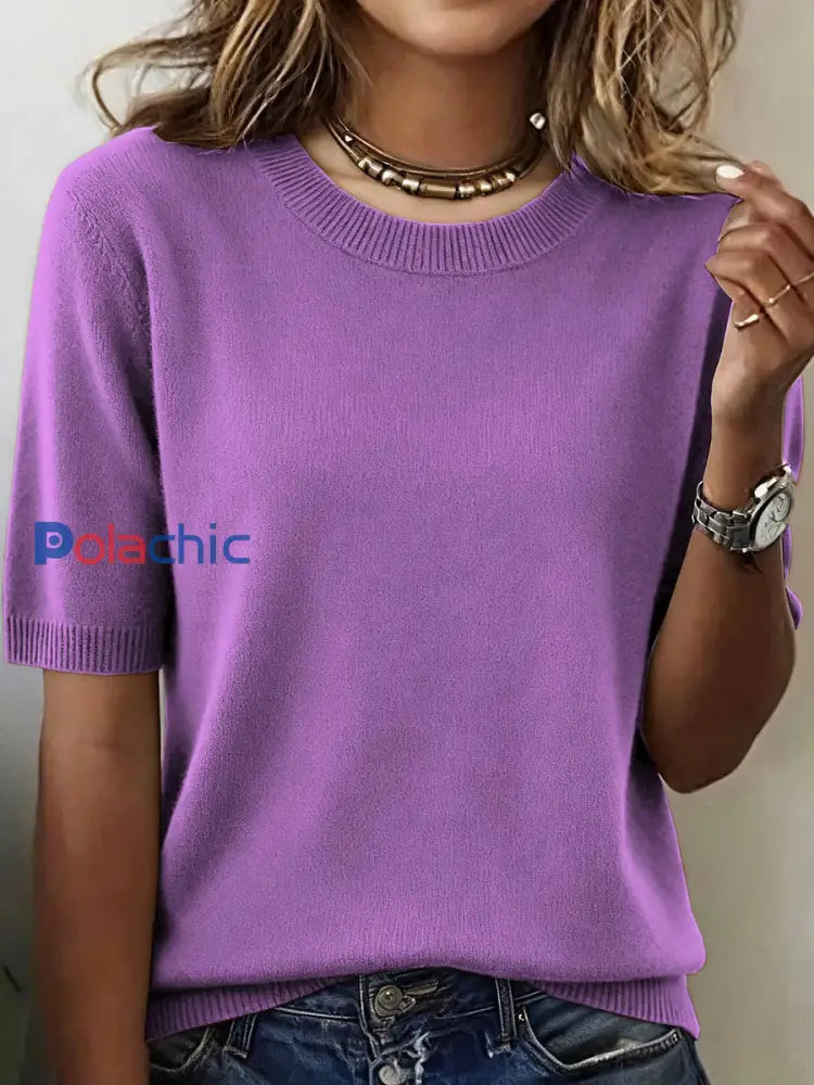 Haut en tricot confortable de couleur unie simple pour femmes Violet / S