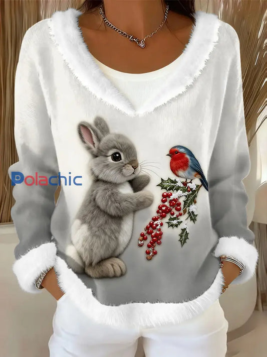 Haut Femme Motif Lapin De Noël Doublé D’ouatine comme image / S