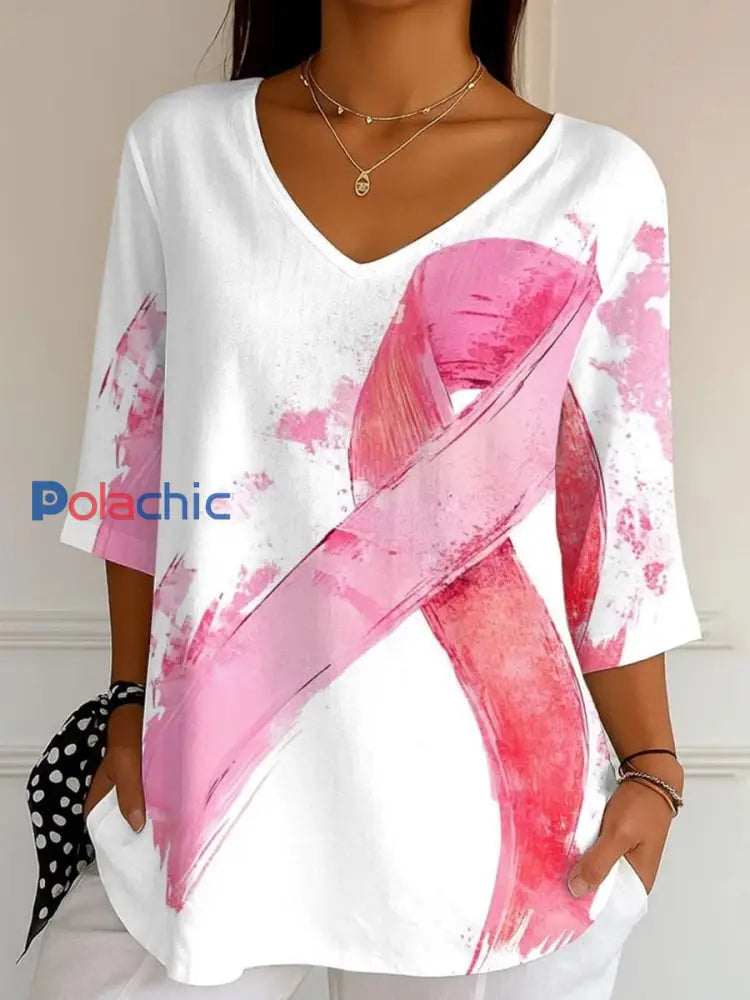 Haut Femme Rose Imprimé Ruban Cancer Du Sein Blanc / S