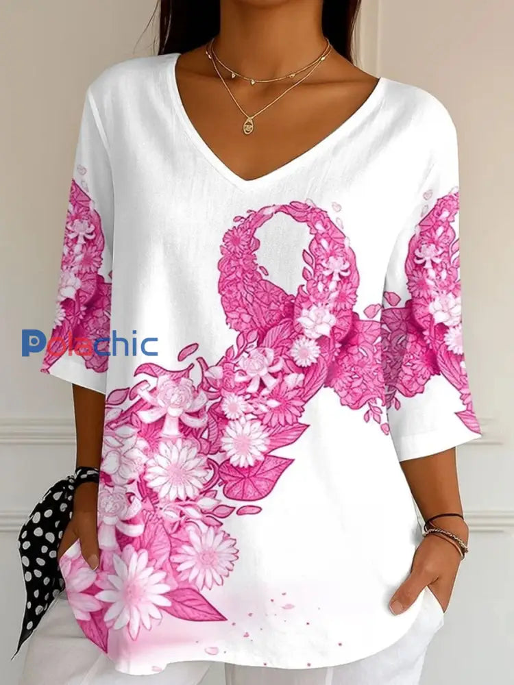 Haut Femme Rose Imprimé Ruban Cancer Du Sein Blanc / S