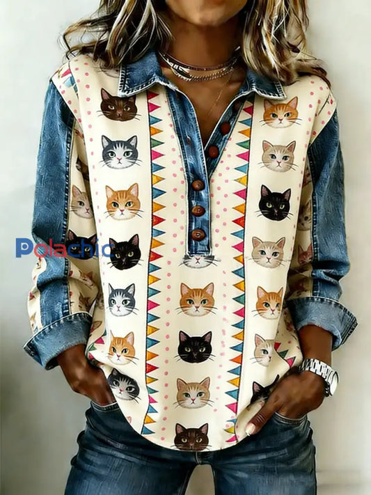 Haut rétro mignon multicolore en patchwork de denim avec chats pour femmes Beige / S