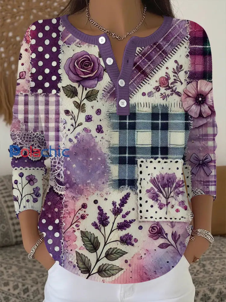 Haut violet patchwork floral Alzheimer’s Awareness Femme comme image / S
