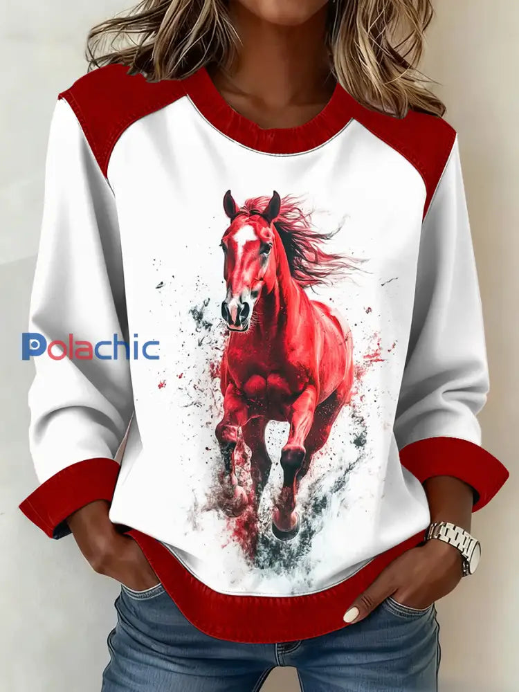 Haut Western Red Horse Patchwork Femme comme image / S