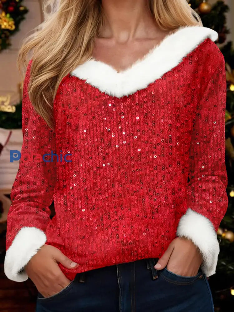 Hauts de Noël à col en V pour femmes Rouge / S