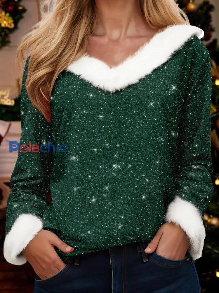 Hauts de Noël à col en V pour femmes Vert Foncé / S