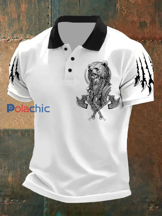 Hauts décontractés à imprimé loup Viking pour hommes Blanc / S