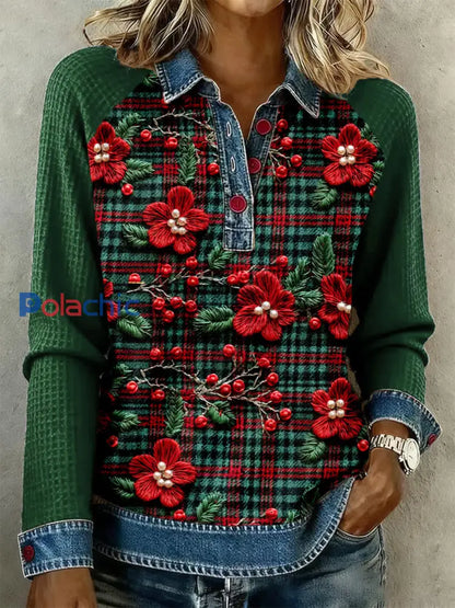 Hauts fleuris à carreaux de Noël pour femmes Vert / S