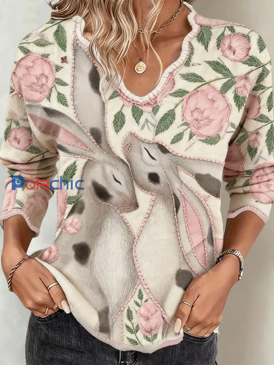 Hauts imprimés floraux d’art de lapin des femmes Abricot / S