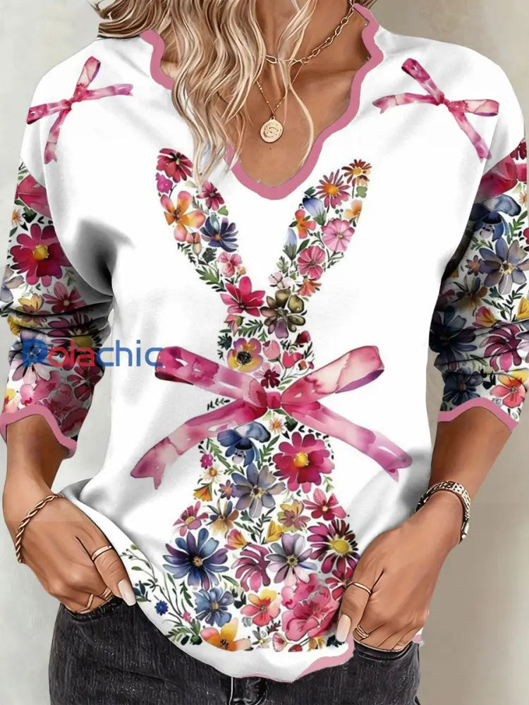 Hauts imprimés floraux d’art de lapin des femmes Blanc / S