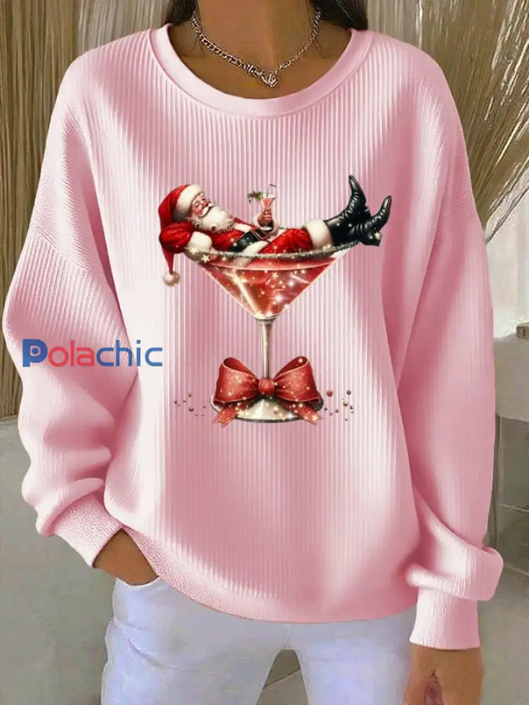 Hauts imprimés Père Noël pour femmes rose clair / S