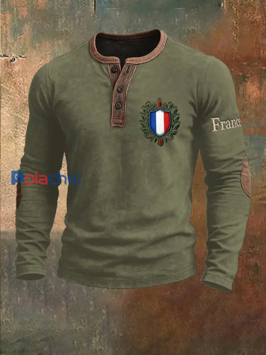 Henley à manches longues Patchwork de drapeau français vert armée pour homme vert d’armée / S