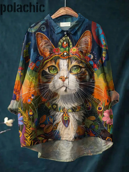 Hippie Cat Art Print Décontracté En Coton Et Lin Col Rond Bouton Poche À Manches Longues Chemise