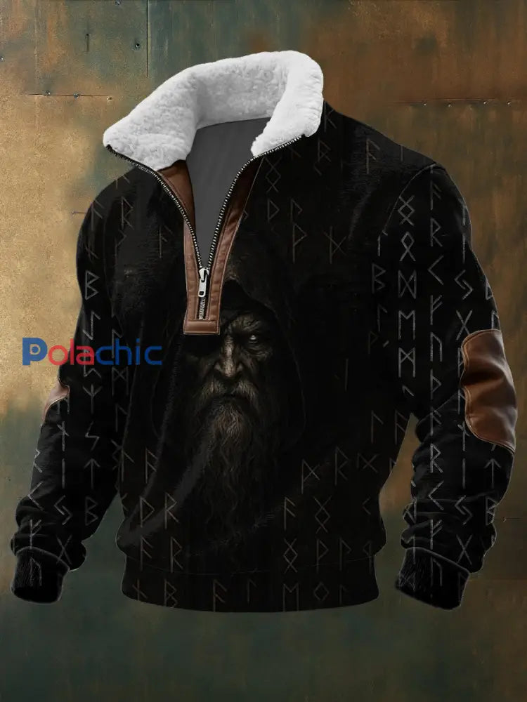 Homme Mystical Viking Barbu Figure & Rune Imprimer Sherpa Collar Pullover Hoodie Multicolore / S