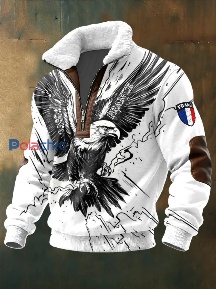 Homme Noir et Blanc Français Aigle Imprimer Stand Collar Sweatshirt noir et blanc / S
