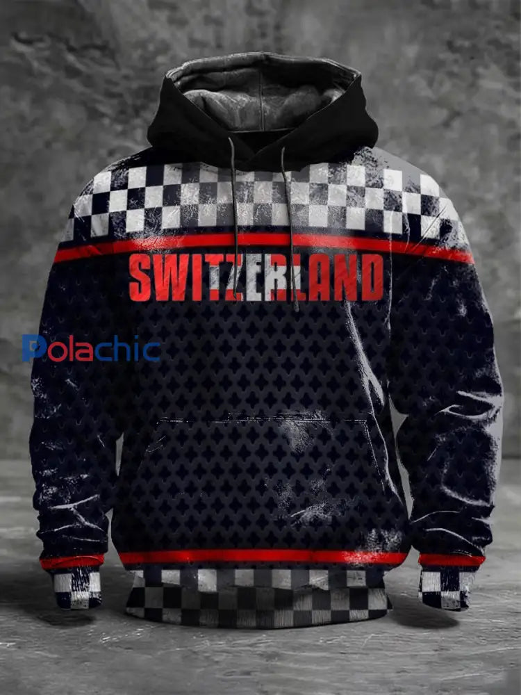 Hommes Bold damier Switzerland Imprimer en détresse marine Hoodie Multicolore / S