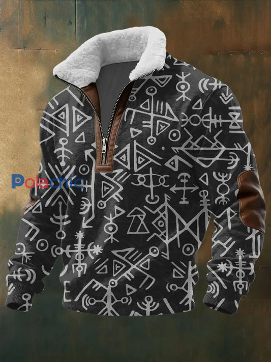 Hommes Bold Nordic Symbol Pattern Sherpa Collar Pullover Hoodie Multicolore / S